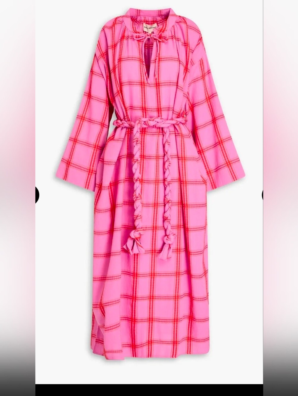 Mara Hoffman Pink and Orange Plaid Maxi Dress with Braided Tassel Ties